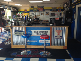Front desk with bar stools at Red Mountain Tire and wheel shop